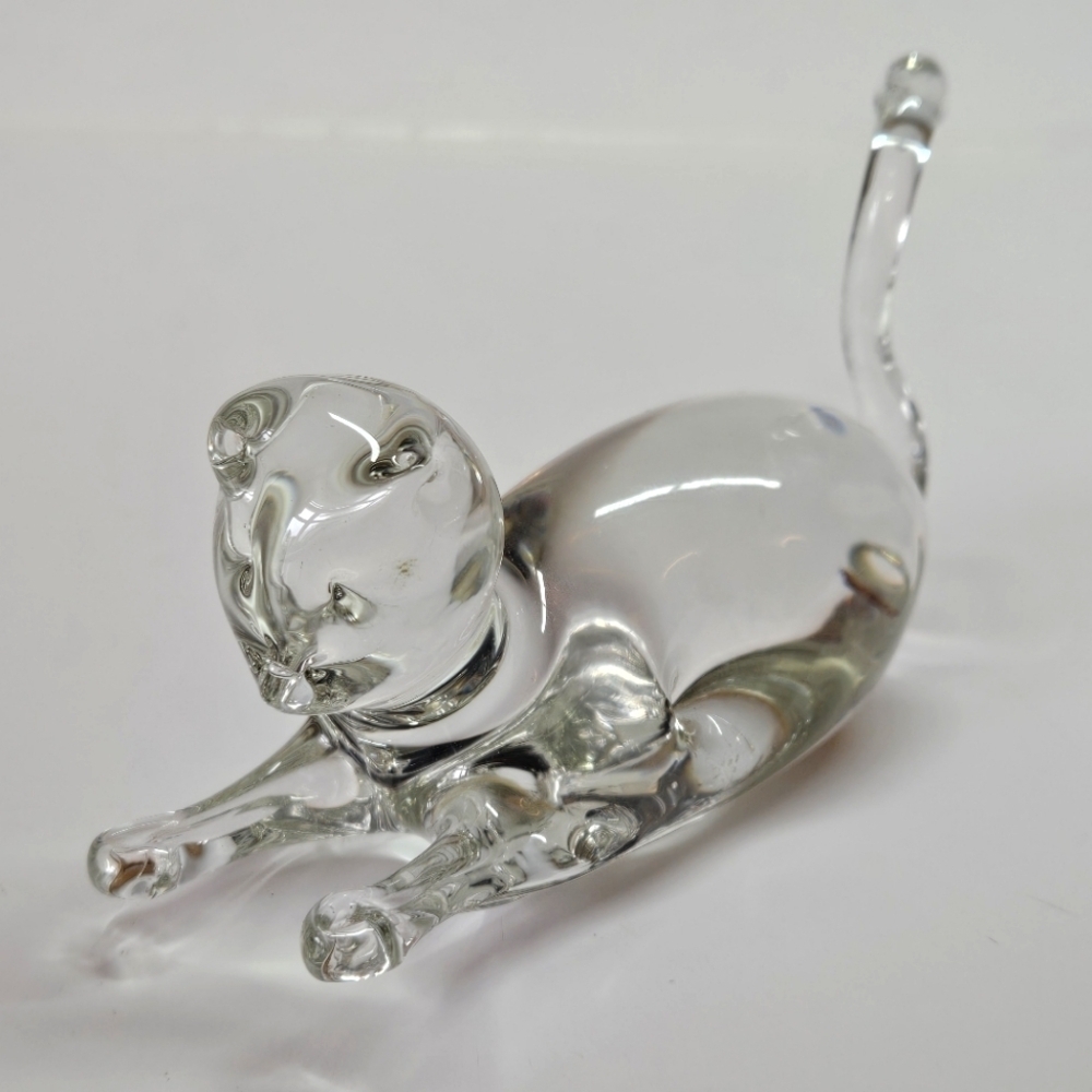 VINTAGE Clear Glass Cat Kitten Sculpture Figurine Decor Sphinx Position